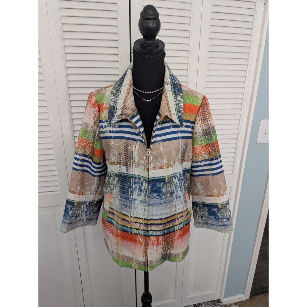 Luii Anthropologie Jacket Women's L 3/4 Slv Multicolored Stripes Art To Wear Zip